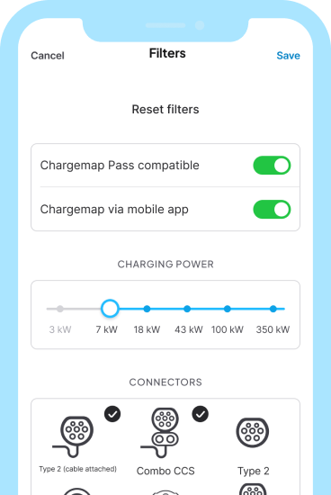 1. Use the filter 'Charging via mobile app' to find the charging stations compatible with dematerialised charging with the Chargemap Pass.