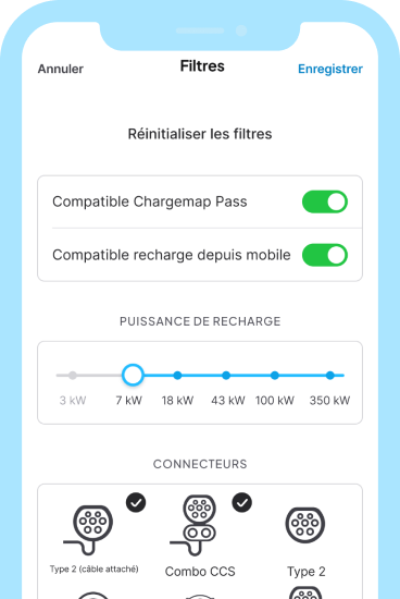 1. Utilisez le filtre ‘Compatible recharge depuis mobile’ pour trouver les bornes ouvertes à la recharge dématérialisée avec le Chargemap Pass.