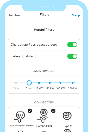 1. Gebruik het filter 'Laden op afstand' om de laadstations te vinden waar u met de Chargemap Pass kunt laden op afstand.